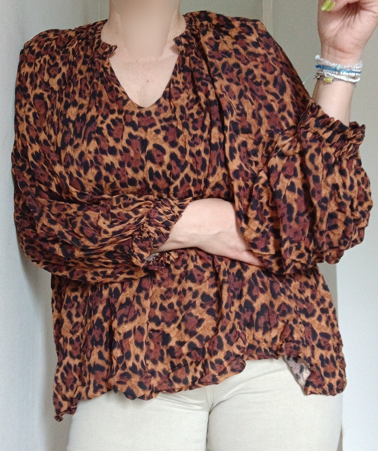 See u soon luchtig viscose bruin blouse panter prnt v hals, Bruin, Verzenden, Maat 46/48 (XL) of groter, Zo goed als nieuw