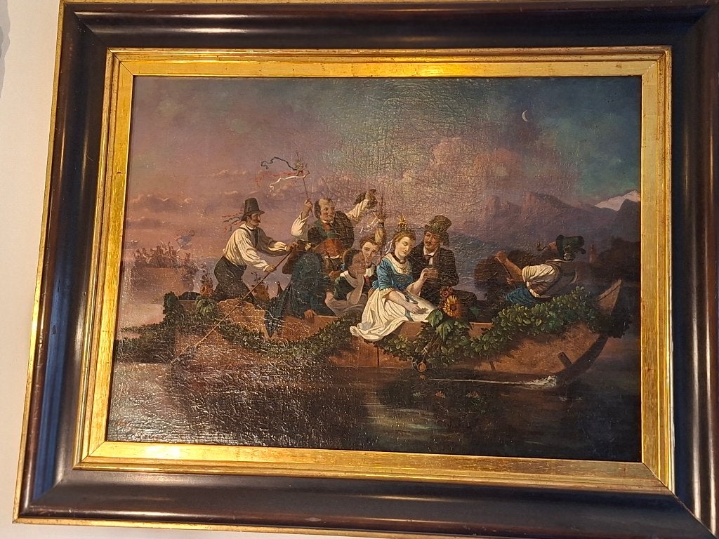 Bruiloftsfeest op rivier Zuid Duits-Oostenrijks volkscultuur, Antiek en Kunst, Kunst | Schilderijen | Klassiek, Maritiem / water