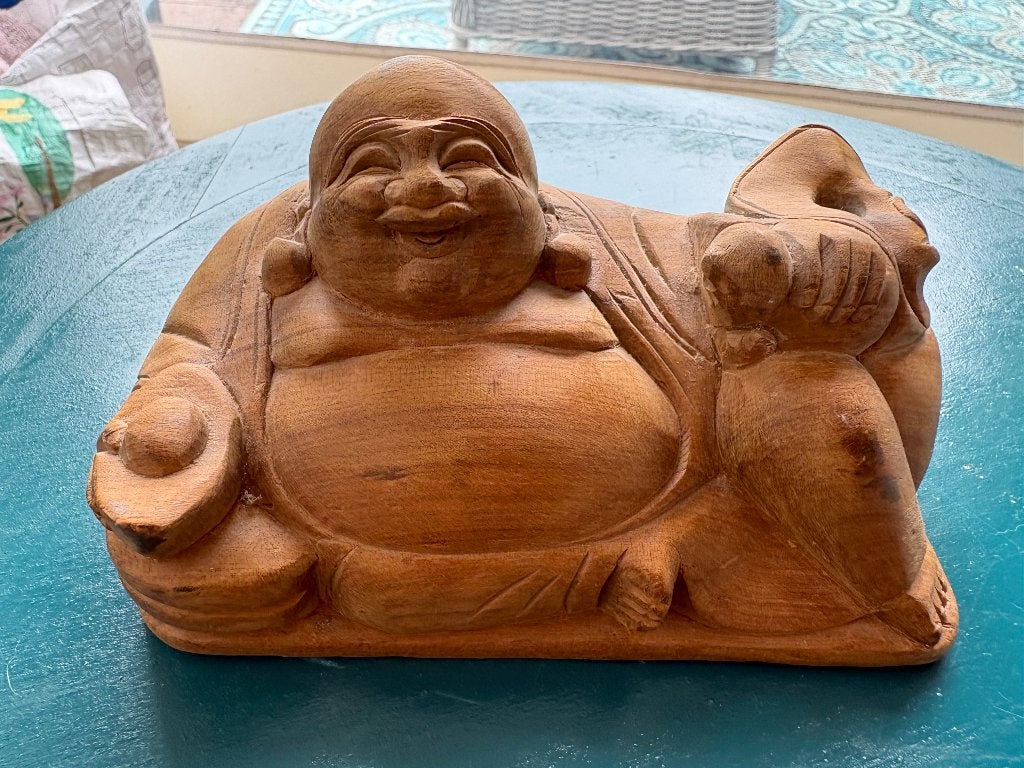 Kleine houten dikke Boeddha beeldje, Ophalen of Verzenden, Zo goed als nieuw