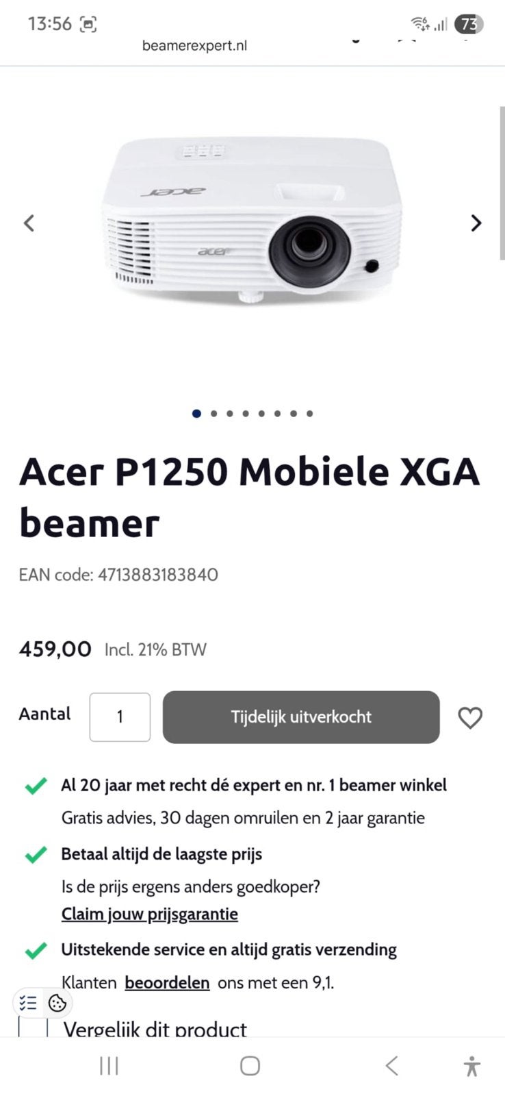 Beamer van acer, Ophalen of Verzenden, Zo goed als nieuw, LED
