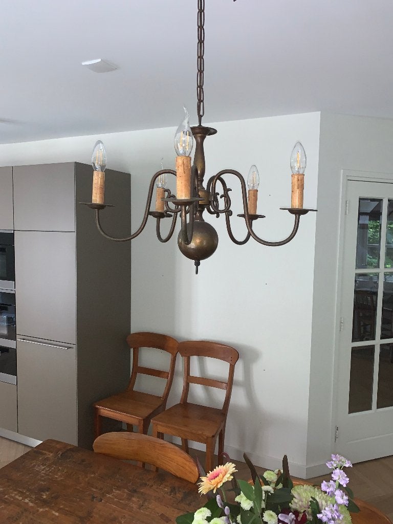 Kroonluchter koper 5-armig, Huis en Inrichting, Lampen | Kroonluchters, Gebruikt, Klassiek, E14 (klein), Ophalen of Verzenden