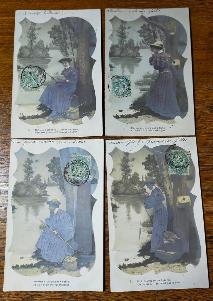 4 Oude Franse Ansichtkaarten - Vissende Dames, Ophalen of Verzenden, Voor 1920, Gelopen, Frankrijk