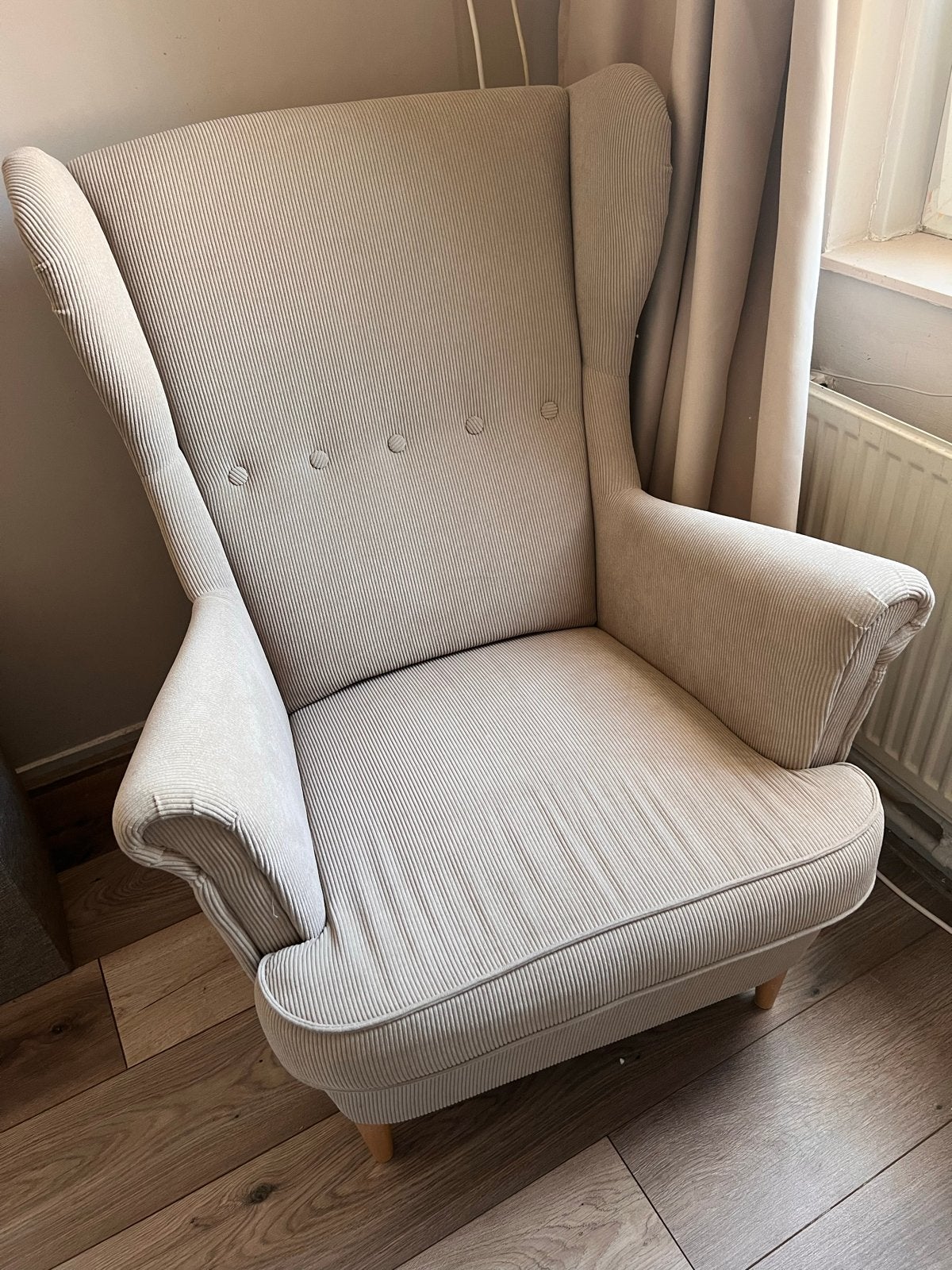 Comfortabele fauteuil - Crèmekleurig ribstof, Ophalen, Gebruikt, 75 tot 100 cm, Stof