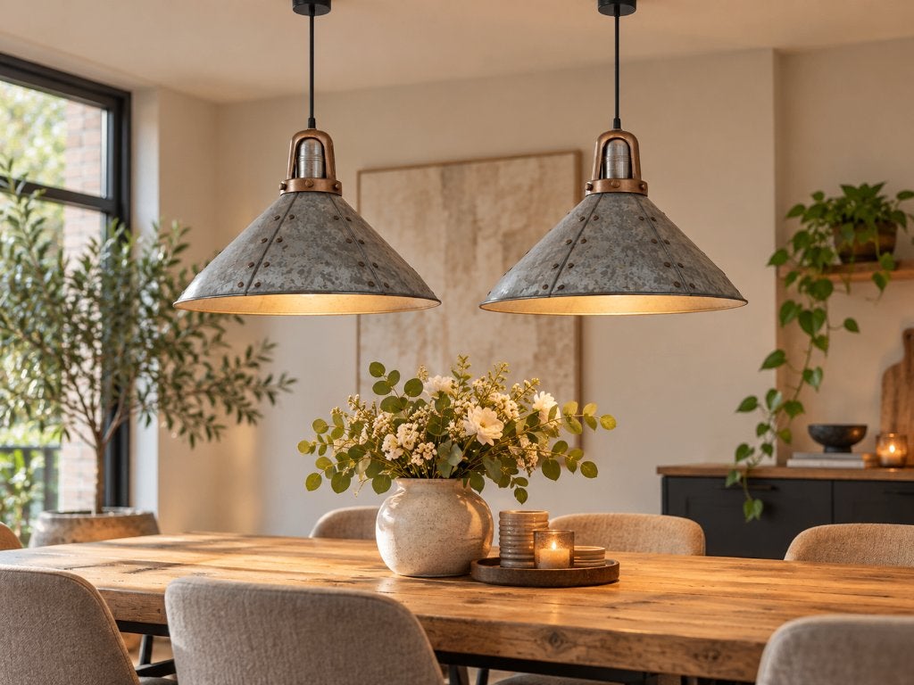 Set van 2 industriële metalen hanglampen – Ø 31 cm, Ophalen, Gebruikt, Metaal