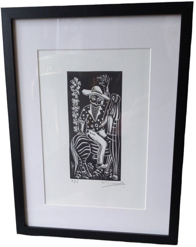 Willy Lecomte houtsnede "zelfportret te paard"., 33 cm, Ets, Origineel, Ophalen of Verzenden