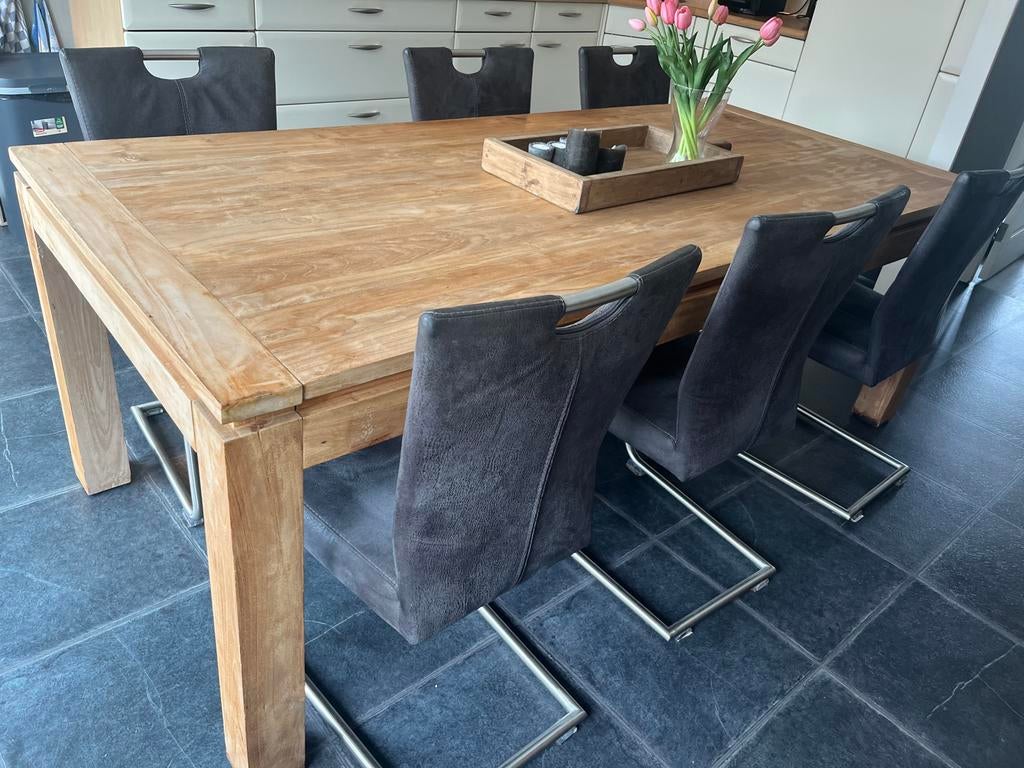 Massief houten eettafel met 6 stoelen, Huis en Inrichting, Tafels | Eettafels, Ophalen, Gebruikt, 50 tot 100 cm, 150 tot 200 cm