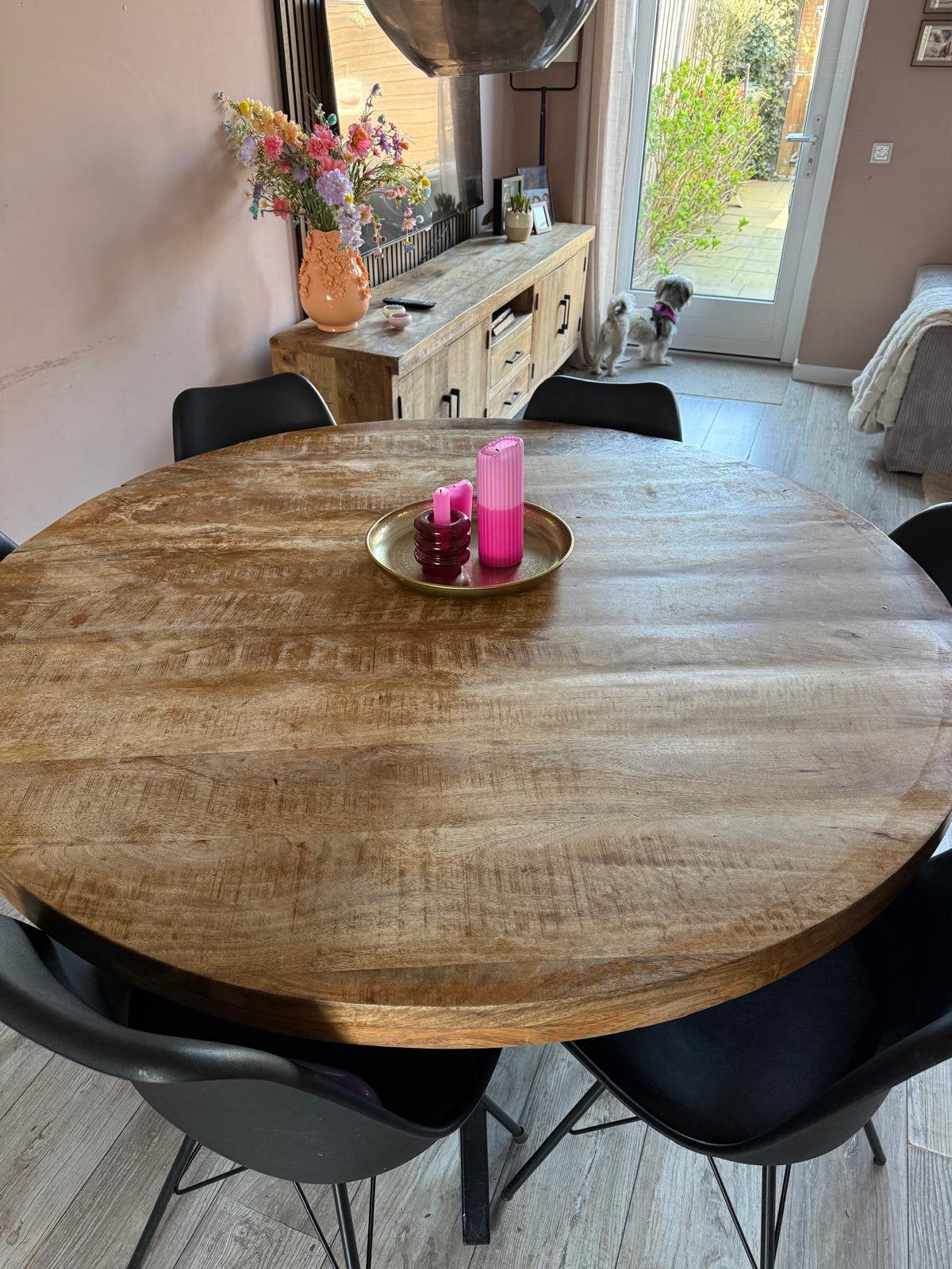 Eettafel Mango Hout, Ophalen, Zo goed als nieuw, Rond, 100 tot 150 cm