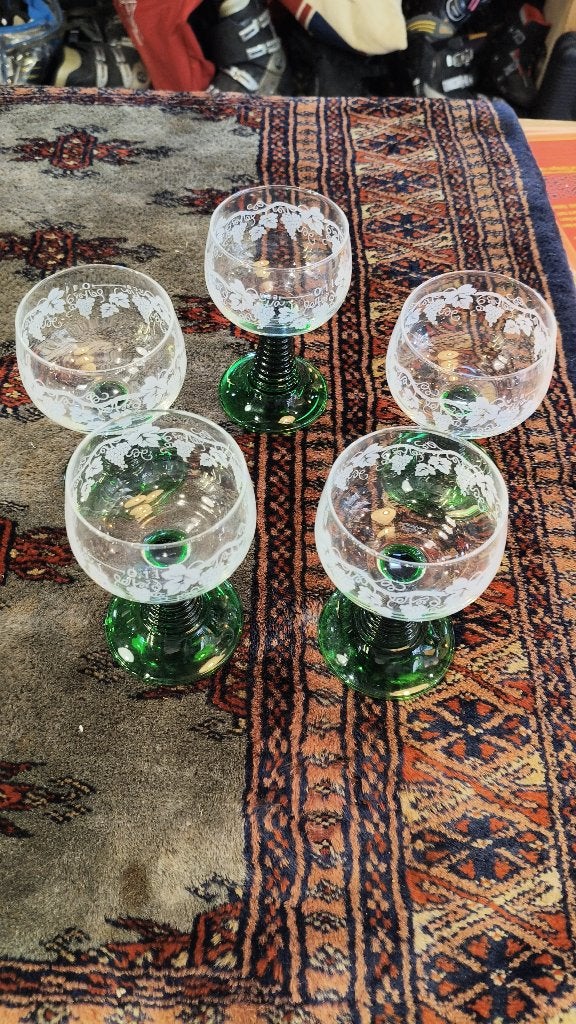 5 vintage roemer wijnglazen met groene voet, Ophalen of Verzenden