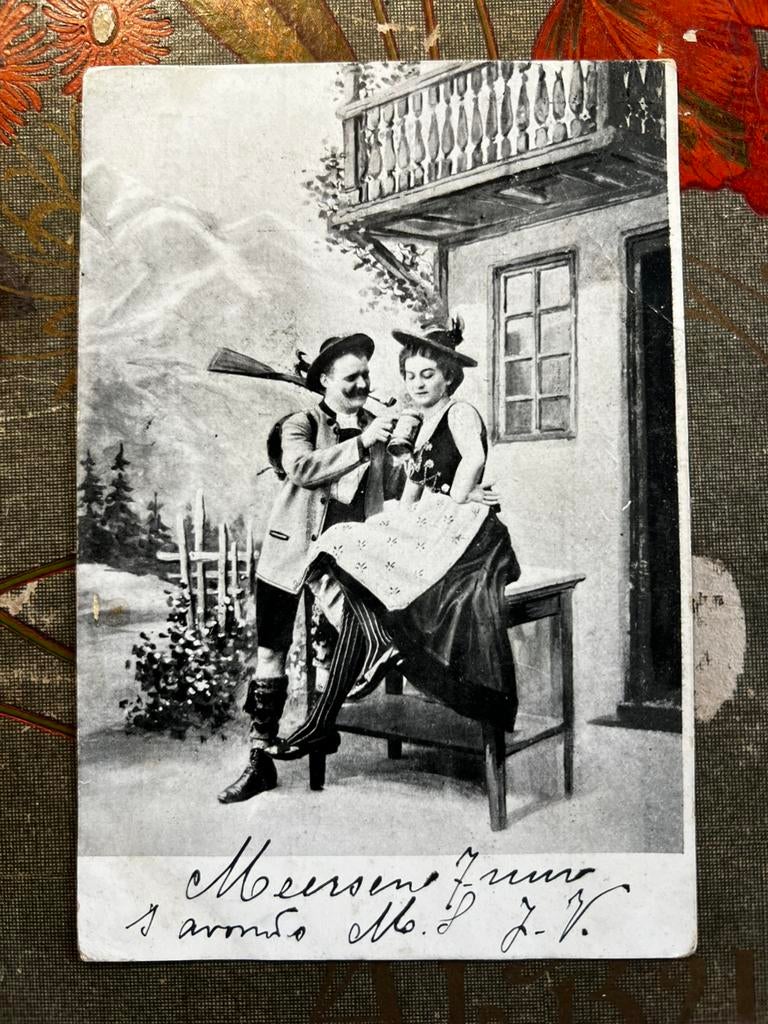 1906 Jager en z’n meisje, bier, pijp, geweer (JJ), Verzamelen, Ansichtkaarten | Themakaarten, Ophalen of Verzenden, Voor 1920