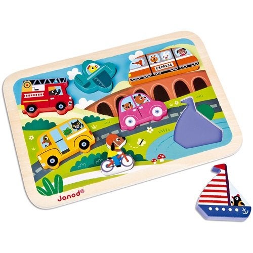Houten Kinderpuzzel Puzzel Voertuigen Janod, 13 rue de l’Industrie – 39270 ORGELET, France, JURATOYS, Nieuw, Ophalen of Verzenden
