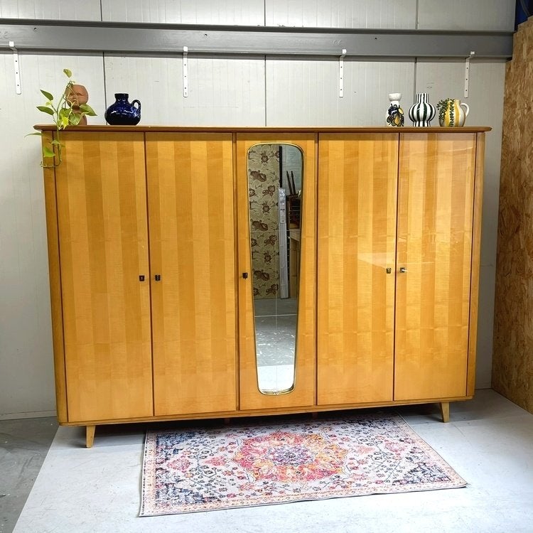 Grote vintage mid-century 5 deurs kledingkast j`60 hang leg, Huis en Inrichting, Kasten | Kledingkasten, Ophalen, Met deur(en)