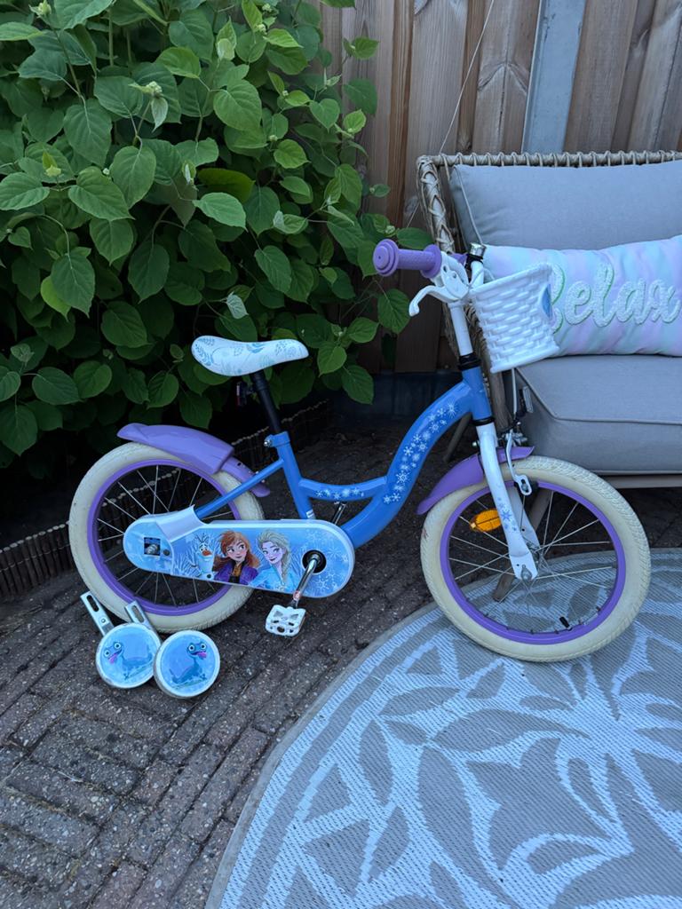 Disney Frozen 2 Kinderfiets 16 inch blauw paars, Ophalen, Terugtraprem, Zijwieltjes, 16 tot 20 inch