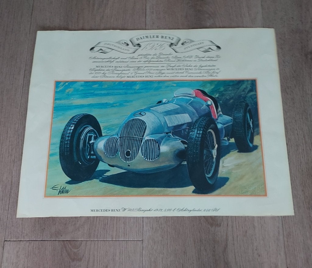 Vintage Print Mercedes Benz W125 1937 Edouard Kuhn, Antiek en Kunst, Zeefdruk, Sport, Ophalen of Verzenden, Gelimiteerde oplage