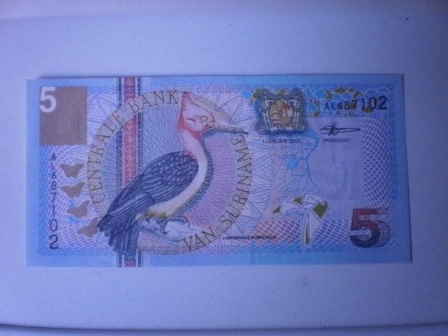 Suriname -5 Gulden- Bankbiljet, Verzenden, Zuid-Amerika, Los biljet