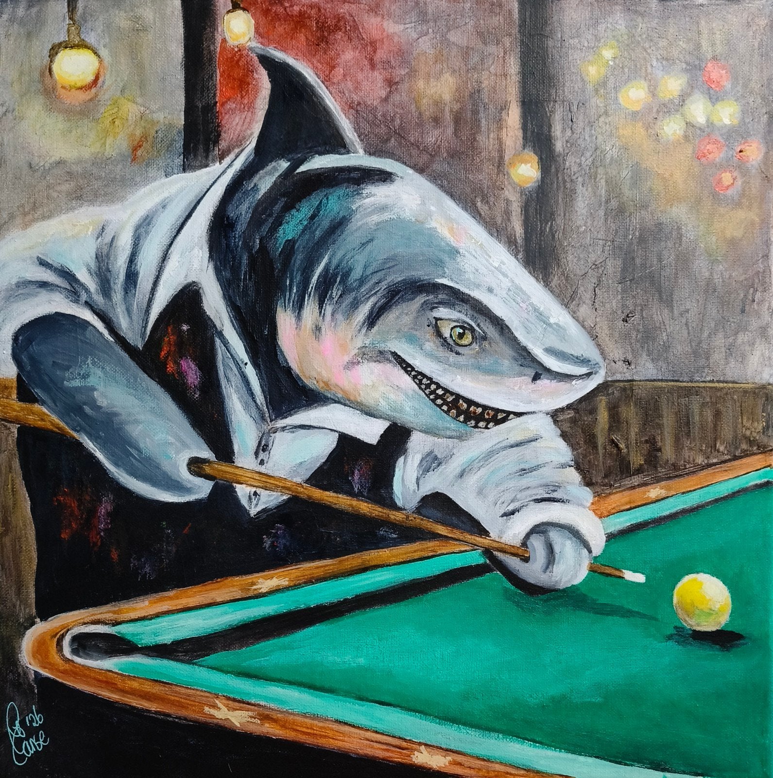 schilderij haai aan het Biljart, Antiek en Kunst, Ophalen of Verzenden
