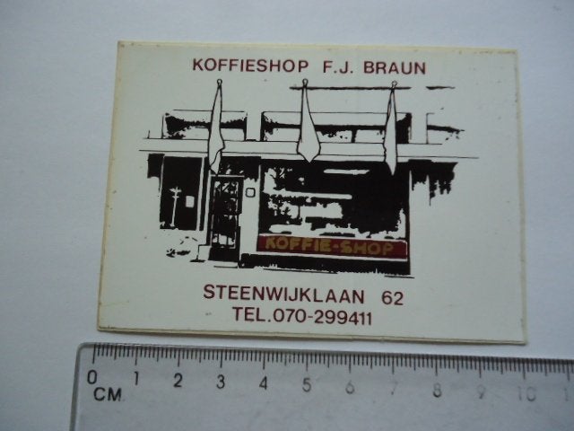 sticker oud Den Haag FJ Braun koffieshop coffeeshop retro, Verzamelen, Verzenden, Zo goed als nieuw, Bedrijf of Vereniging
