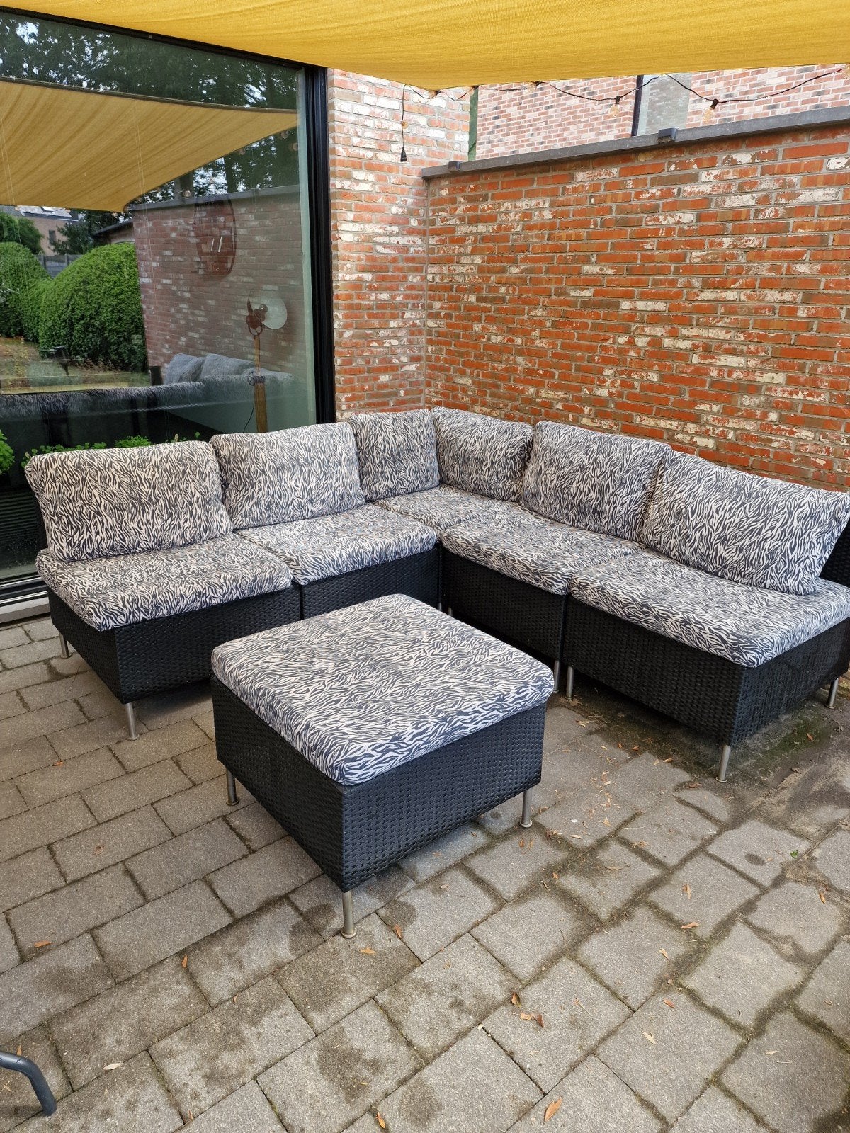 Zwarte wicker loungeset 225x225 + losse hocker, Tuin en Terras, Tuinsets en Loungesets, Ophalen
