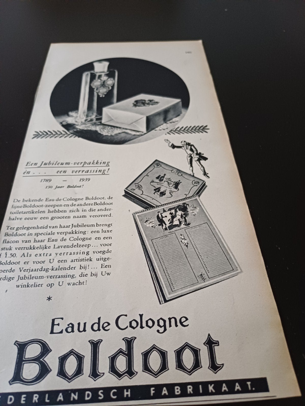 advertentie van Boldoot eau de cologne  50 jaar 1939, Ophalen of Verzenden, Miniatuur
