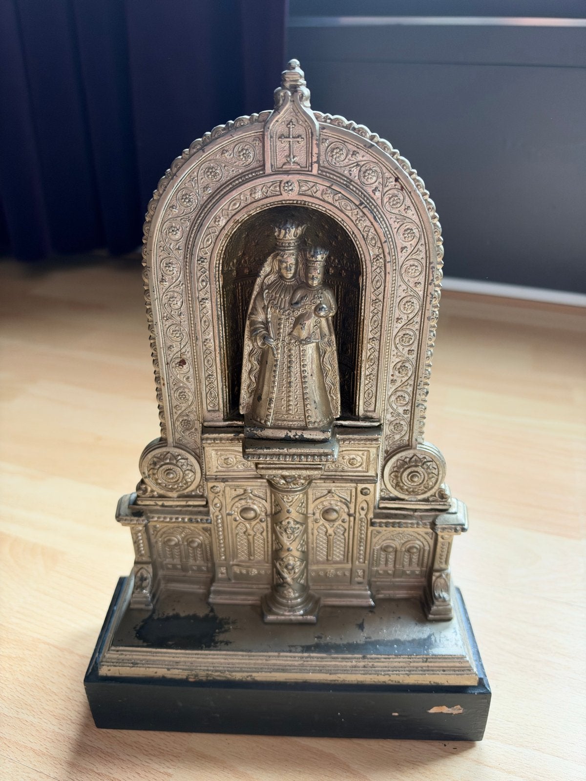 Antiek huisaltaartje Maria met Kind – metaal – ca. 1900, Ophalen of Verzenden