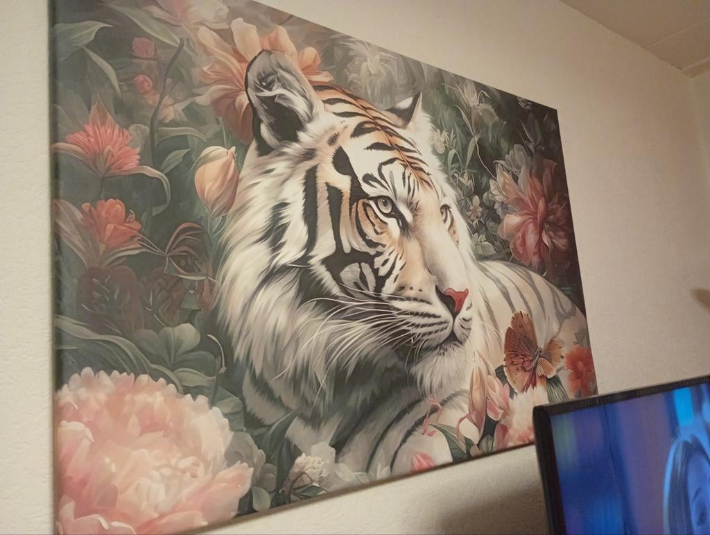 Schilderij Witte Tijger met Bloemen Canvas, Ophalen, 50 tot 75 cm, Zo goed als nieuw, Schilderij