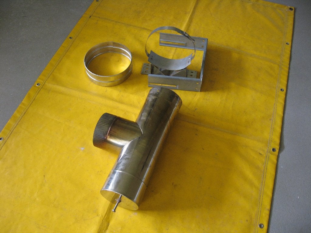 T-stuk RVS 150 mm, klemband isoduct 150/200, muurbeugel 200, Ophalen, Houtkachel, Zo goed als nieuw, Vrijstaand