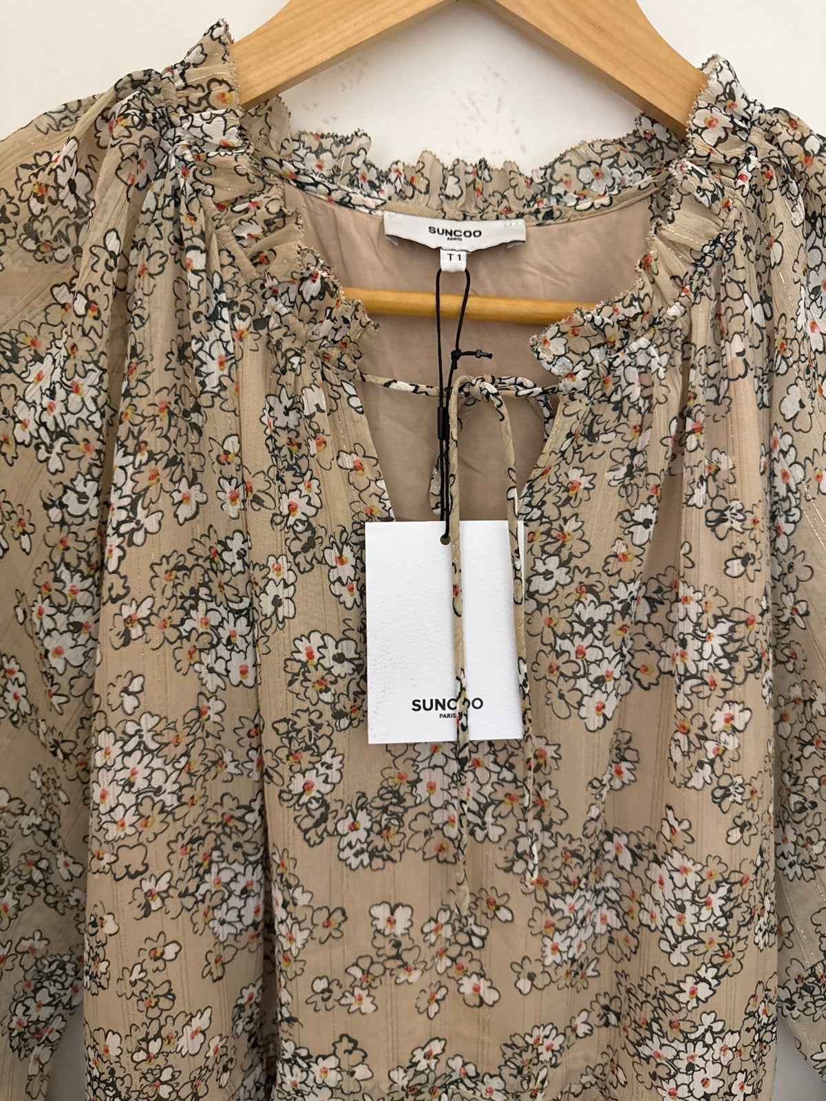SUNCOO Parijs bloemen maxi jurk maat S, Kleding | Dames, Beige, Maat 42/44 (L), Nieuw, Ophalen of Verzenden