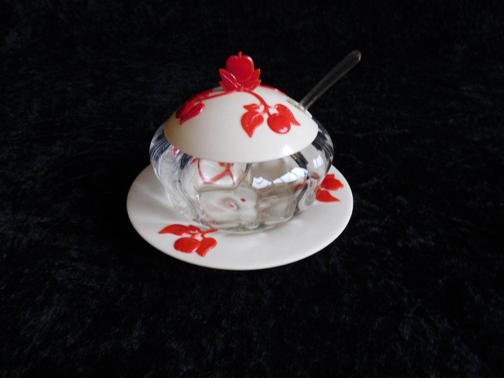 Vintage jampot op schotel, met deksel en lepel, de pot is va, Ophalen of Verzenden, Overige typen
