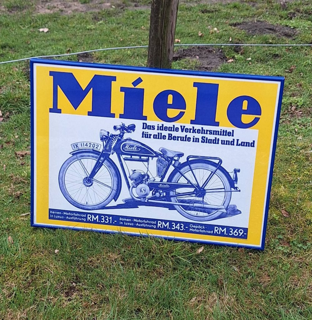 Top ingelijste afbeelding, poster oldtimer Miele motorfiets., Ophalen, Reclamebord, Gebruikt, .