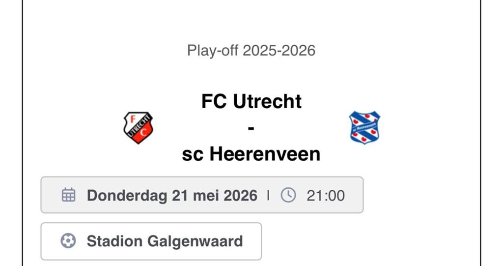 FC Utrecht - SC Heerenveen 1 ticket Bunnikside, Losse kaart, Eén persoon, Mei, Europa of Champions League