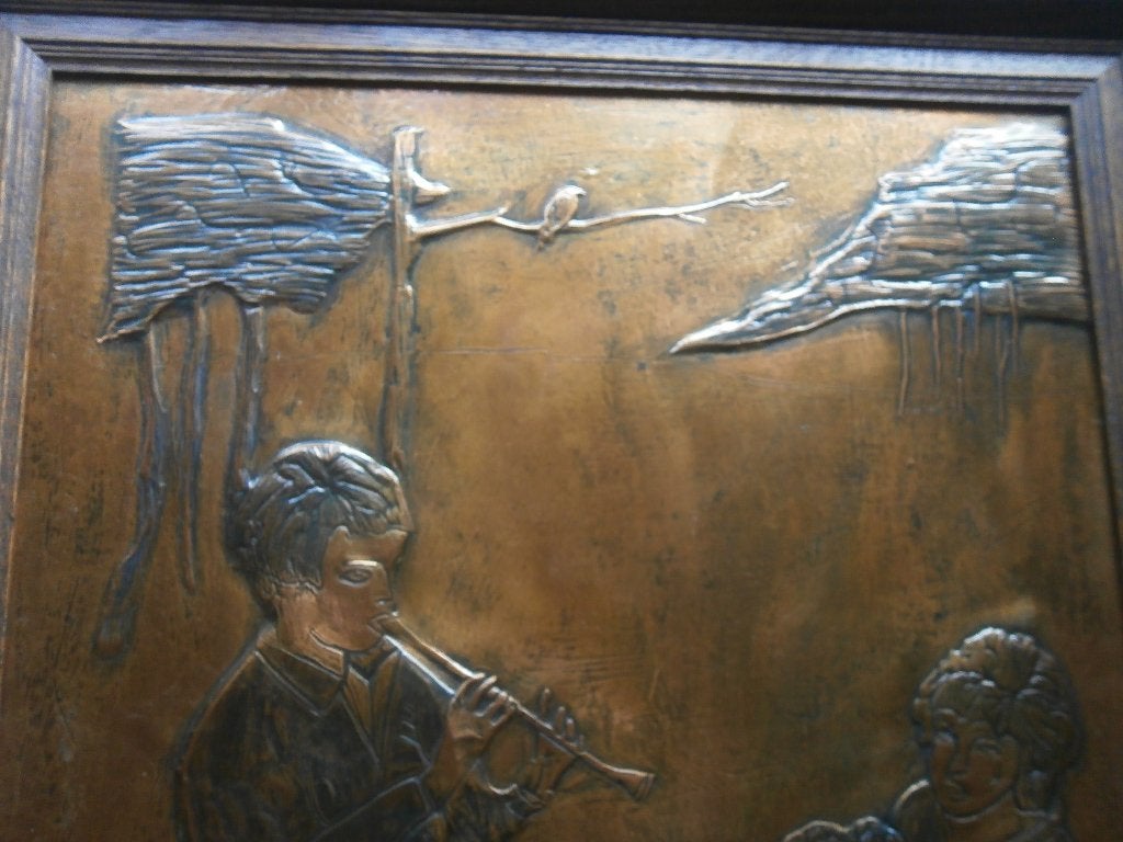 Ingelijste geslagen Kop. Plaat met Muzikanten en vogel, Ophalen