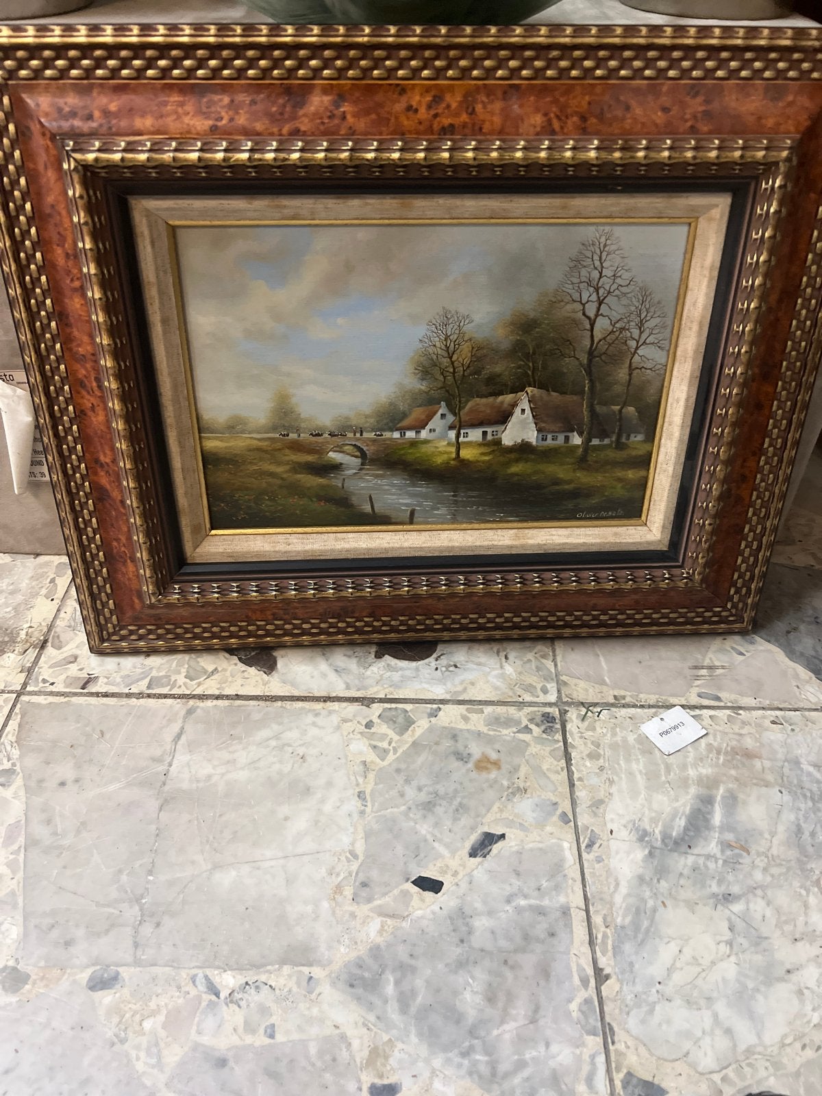 Schilderij met landschap en huisjes, gesigneerd, Doek, Ophalen of Verzenden, Gesigneerd, Landschap