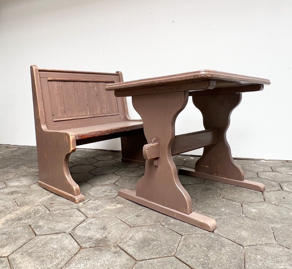 Brocante set tafel en bankje, 1960’s, Gebruikt, Vintage, Tweepersoons, 75 tot 100 cm