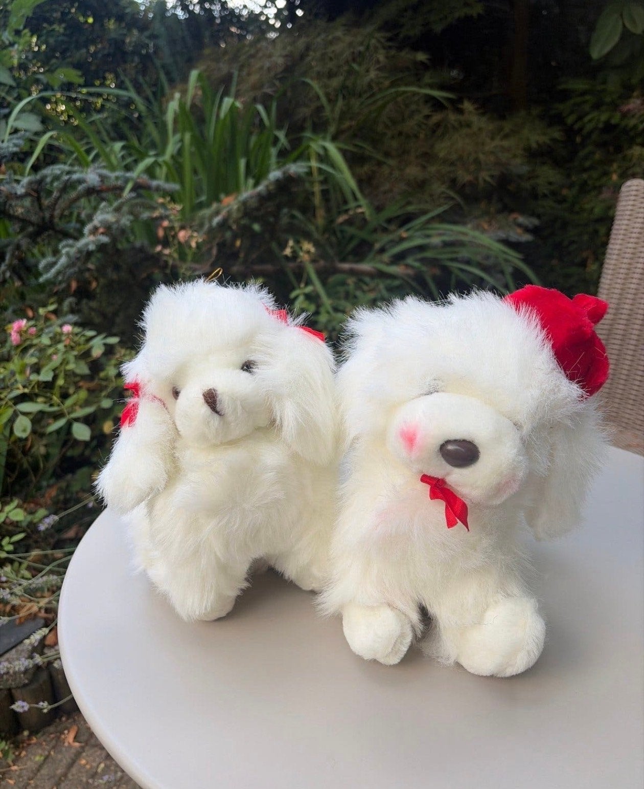 Set van 2 vintage witte poedel knuffels met rode strikjes, Gebruikt, Met kleding of accessoire, Wit, Hond