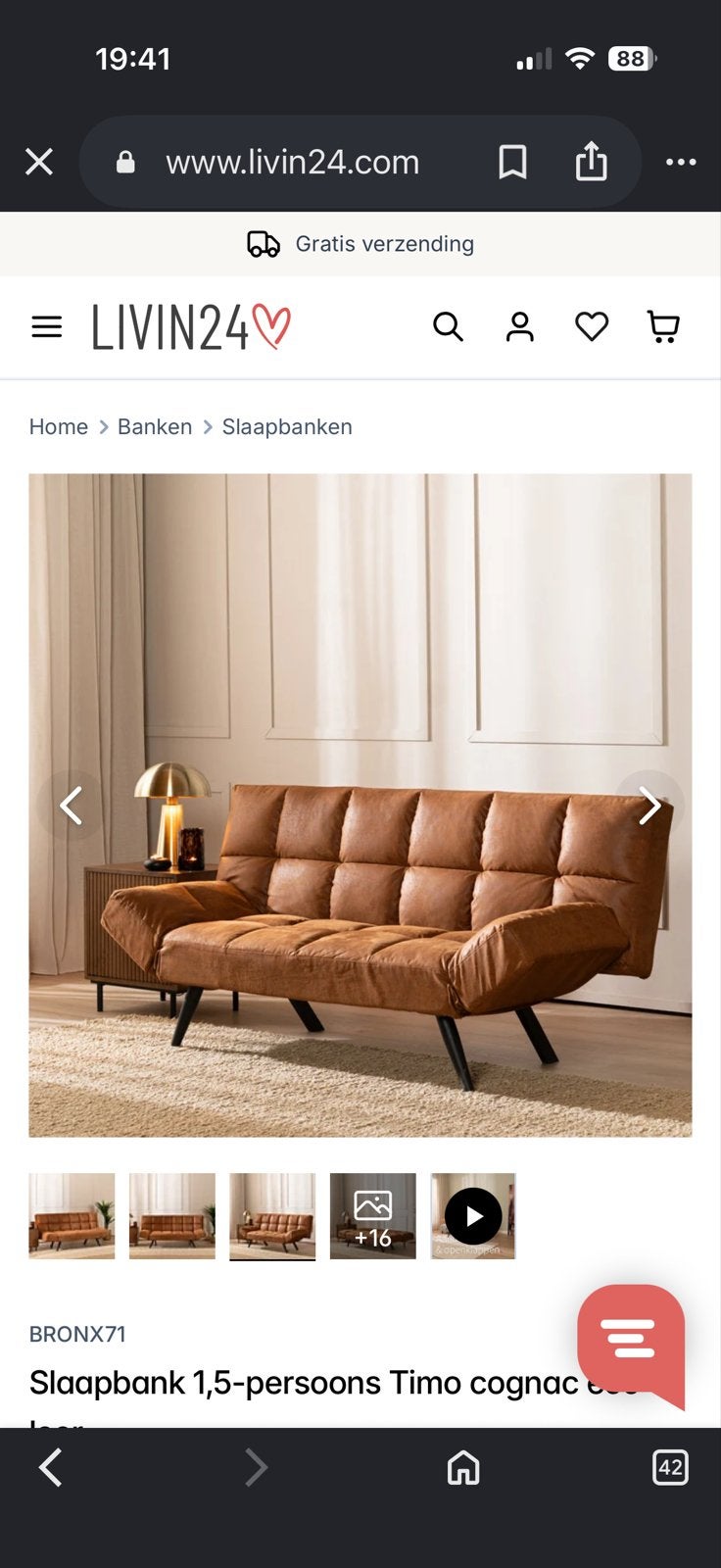 Showmodel: Slaapbank 1,5-persoons Timo cognac, Huis en Inrichting, Ophalen, Bruin, Tweepersoons, Zo goed als nieuw