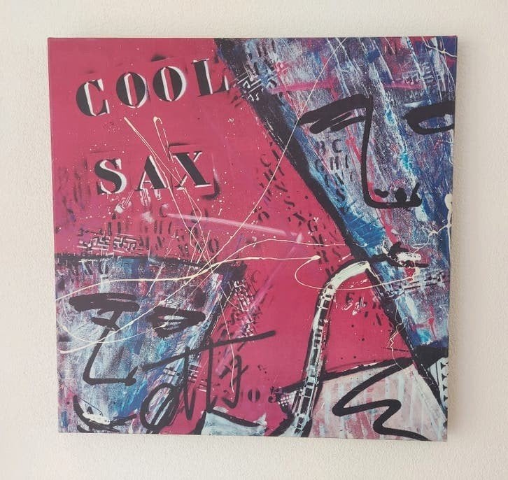 Modern schilderij 'Cool Sax' 80x80 cm, Antiek en Kunst, Figuren, Print, Textiel, Ophalen