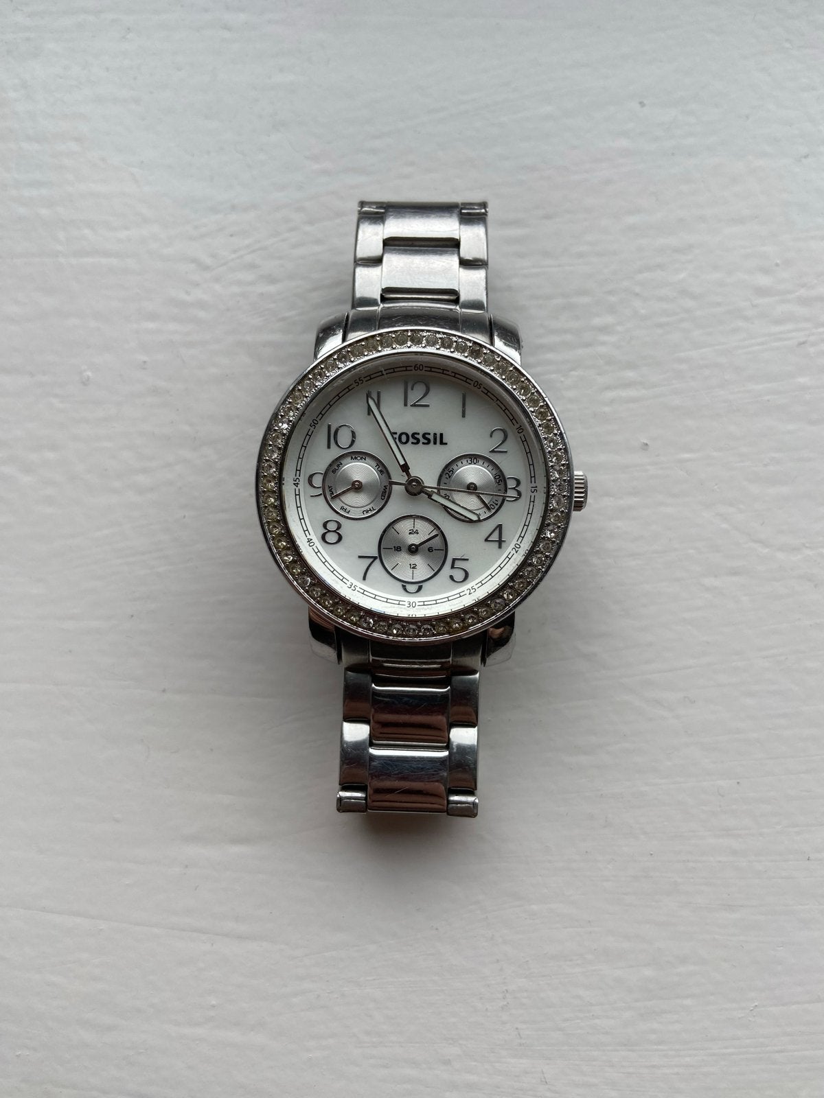 Fossil Dameshorloge met Strass - Zilverkleurig Staal, Sieraden, Tassen en Uiterlijk, Horloges | Dames, Gebruikt, Staal, Fossil