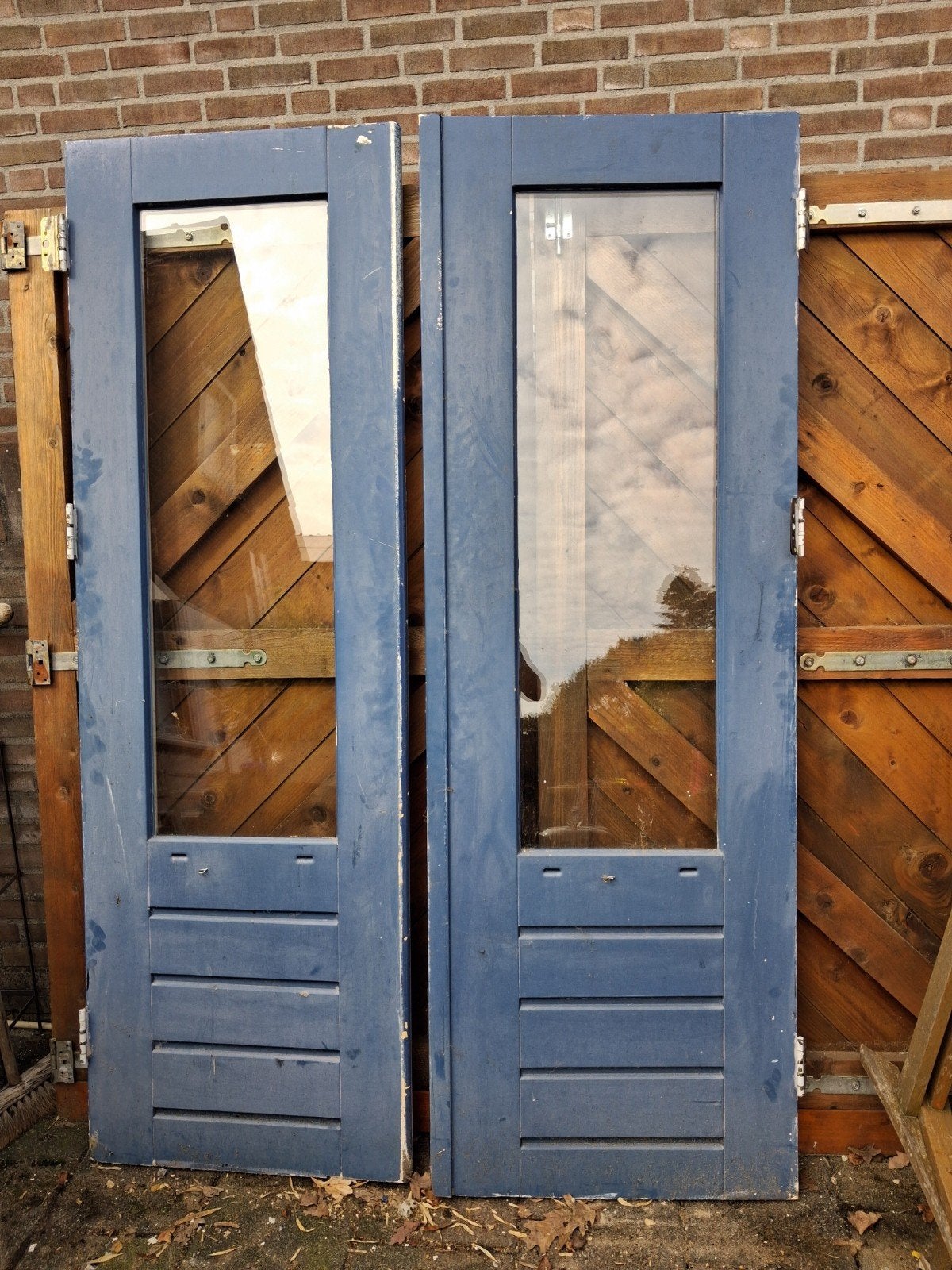 Set van 2 blauwe deuren met glas en lamellen, Gebruikt, 120 cm of meer, Ophalen of Verzenden, Buitendeur