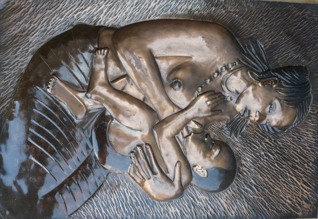 Portret koperwerk kunst vrouw baby plaat koper koperslager, Ophalen