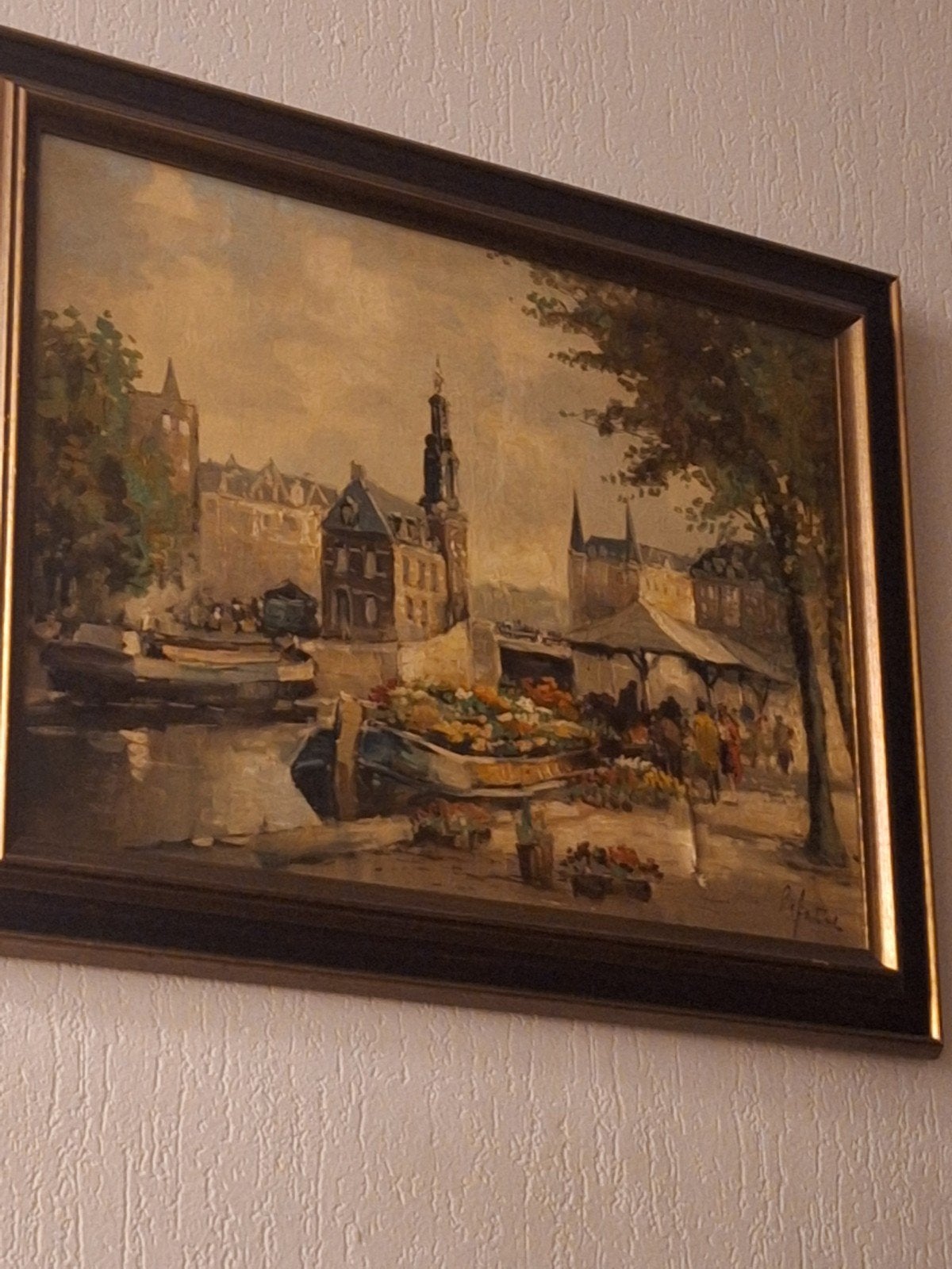 Olieverfschilderij Stadsgezicht met Bloemenmarkt, Antiek en Kunst, Doek, Ophalen of Verzenden, Olieverf, Klassiek