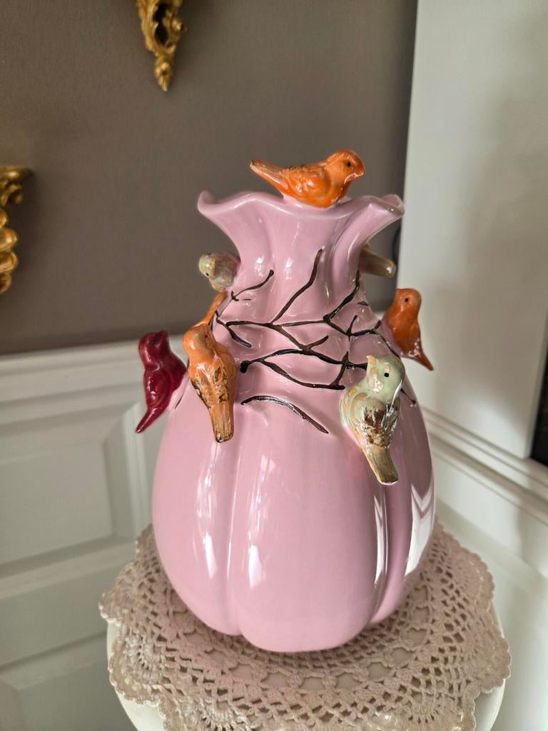 Roze vaas met vogeltjes lente vaas decoratie, Ophalen of Verzenden