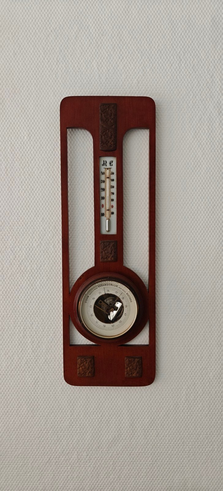 Antieke Barometer en Thermometer op Houten Paneel, Ophalen of Verzenden, Gebruikt, Weerstation