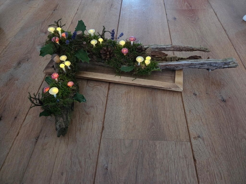 Herfststuk met lichtgevende paddenstoelen, Herfst, bloemstuk, Ophalen, Natuurlijk materiaal, Handgemaakt, Nieuw