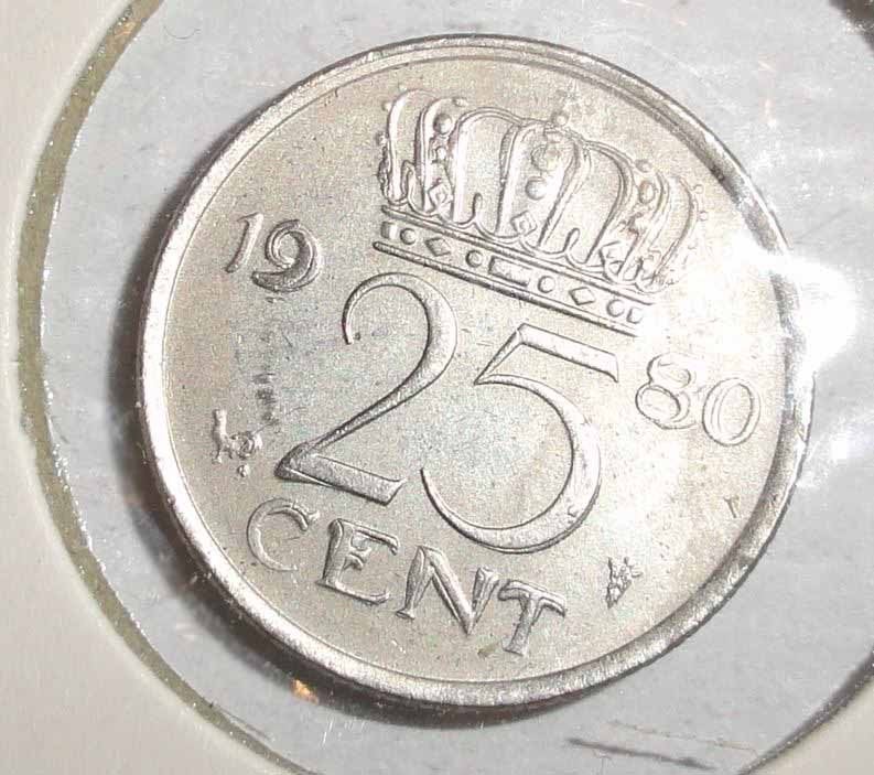 Munt misslag kwartje 1980 dubbeling, Verzenden, Koningin Juliana, 25 cent, Losse munt