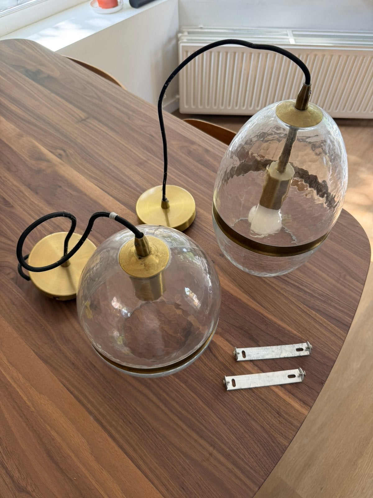 2x Hanglamp glas messing, Ophalen, Japandi, E27 (groot), Zo goed als nieuw
