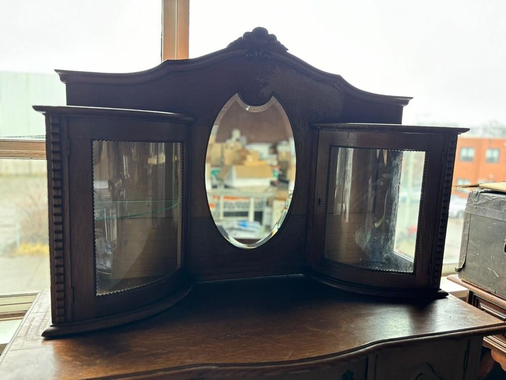ANTIEK EIKEN DRESSOIR MET ART DECO GLAS & SPIEGEL, Ophalen