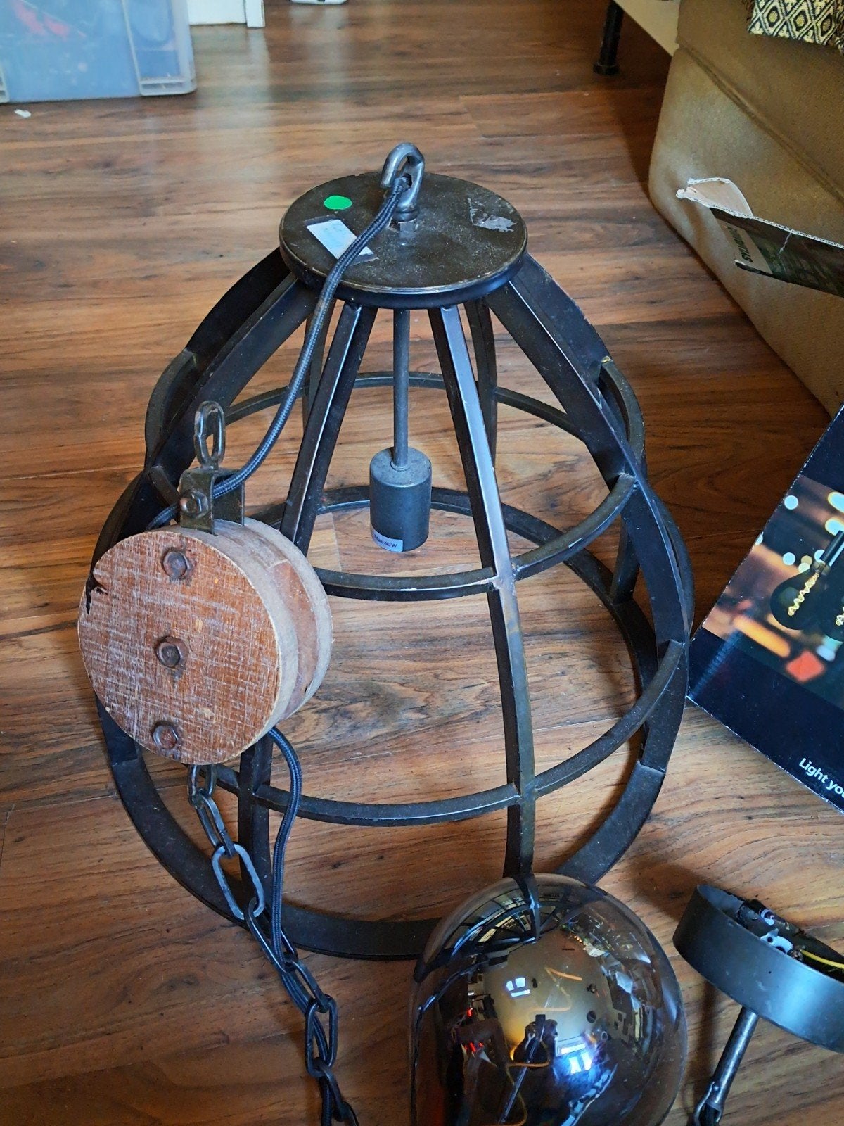 Landelijke/industriële lampenkap met katrol en Sylvania lamp, Gebruikt, Hout, Landelijke, Industriële, Vintage, E27 (groot)