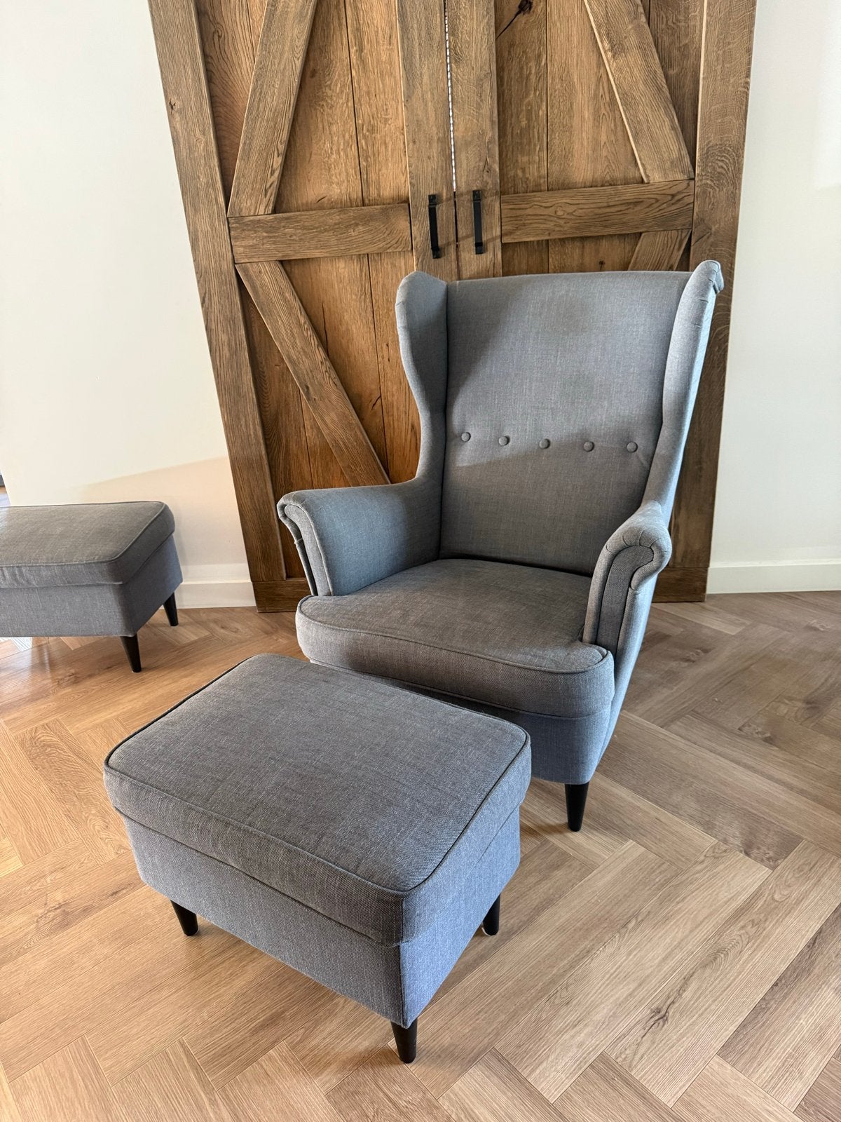 IKEA Strandmon fauteuil en voetenbank, Ophalen, Gebruikt, Minder dan 75 cm, 75 tot 100 cm