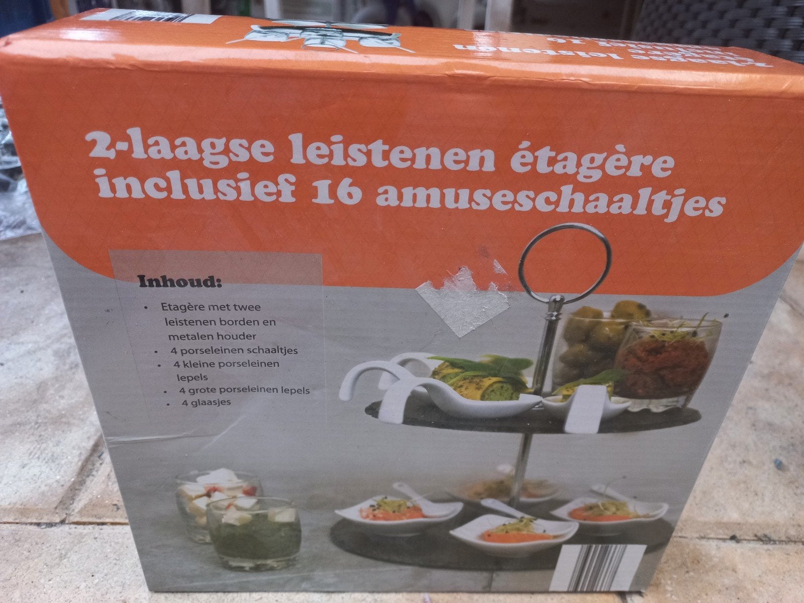 2-laagse leistenen étagère met 16 amuseschaaltjes, Rond, Nieuw, Ophalen of Verzenden, Dienblad