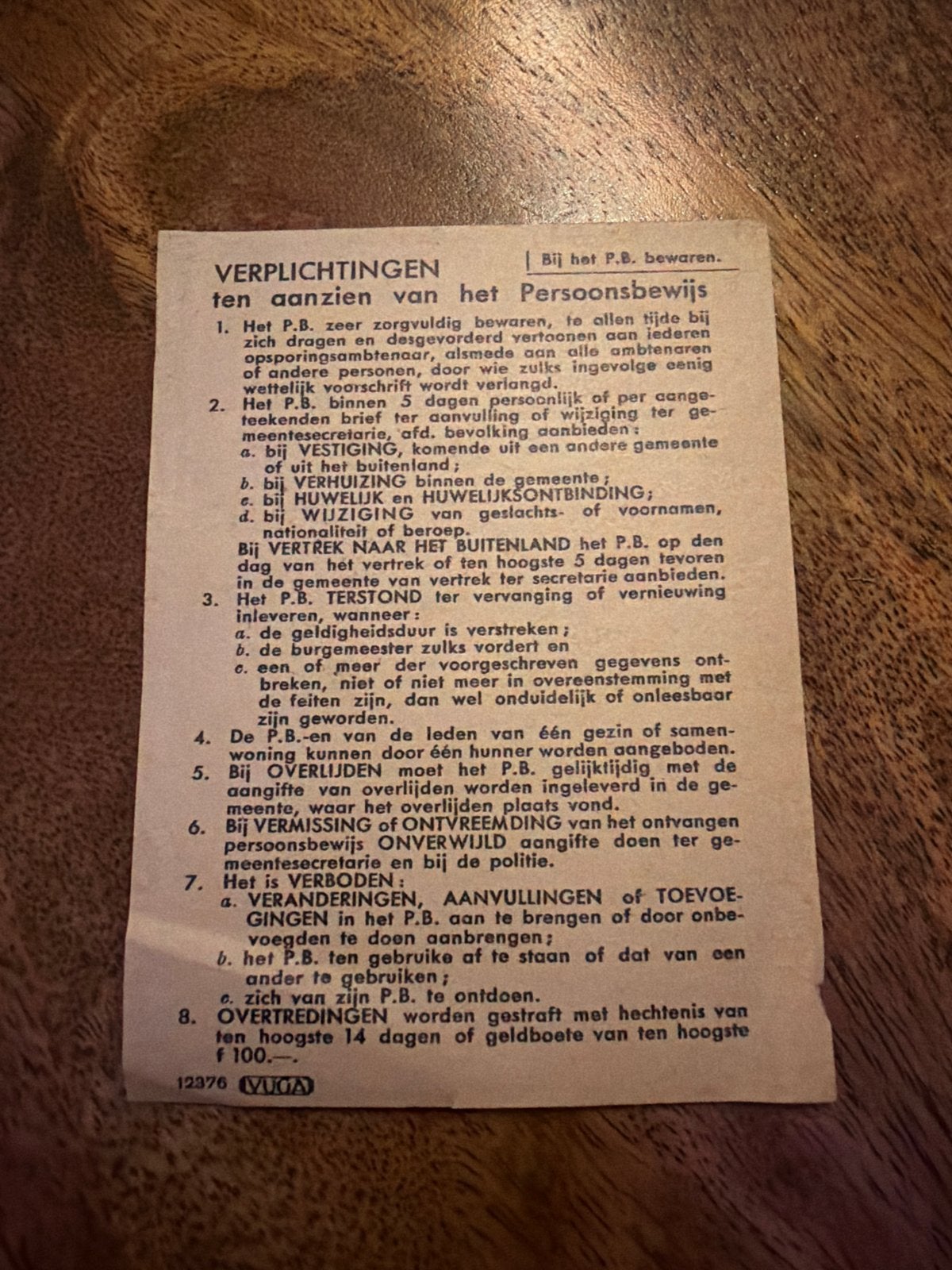 Origineel document: Verplichtingen Persoonsbewijs (WOII), Verzamelen, Ophalen of Verzenden