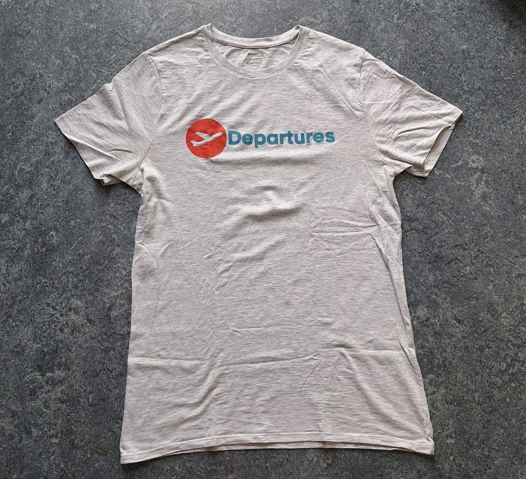 Te koop grijs T-shirt met print "Departures" (maat: XL)., Maat 56/58 (XL), Kiabi, Ophalen of Verzenden, Zo goed als nieuw